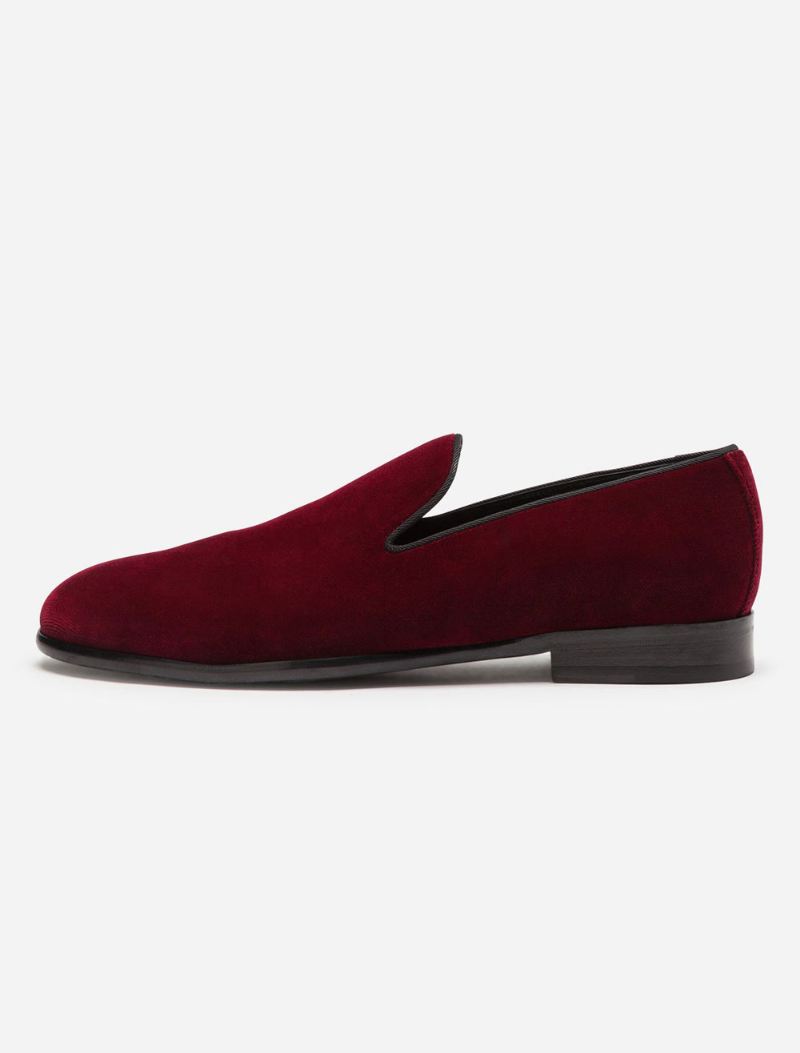 Heren Rood Fluwelen Pantoffels Loafers Prom Trouwschoenen Ronde Neus Slip-on Schoenen - Bordeauxrood