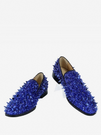 Heren Spike Loafers Schoenen Glitter Blauw Ronde Neus Prom Party Trouwschoenen