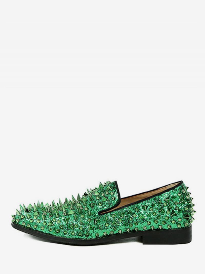 Heren Spike Loafers Schoenen Glitter Blauw Ronde Neus Prom Party Trouwschoenen - Groen