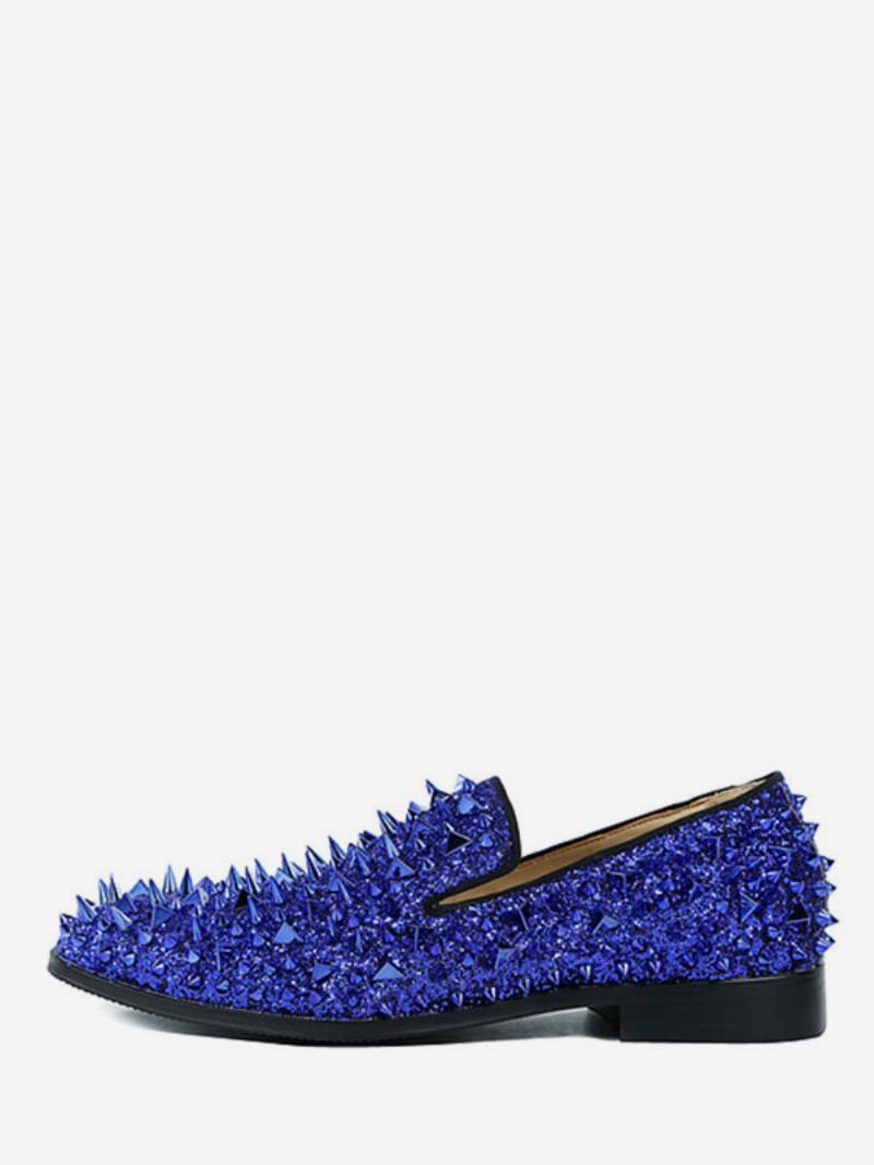 Heren Spike Loafers Schoenen Glitter Blauw Ronde Neus Prom Party Trouwschoenen - Blauw