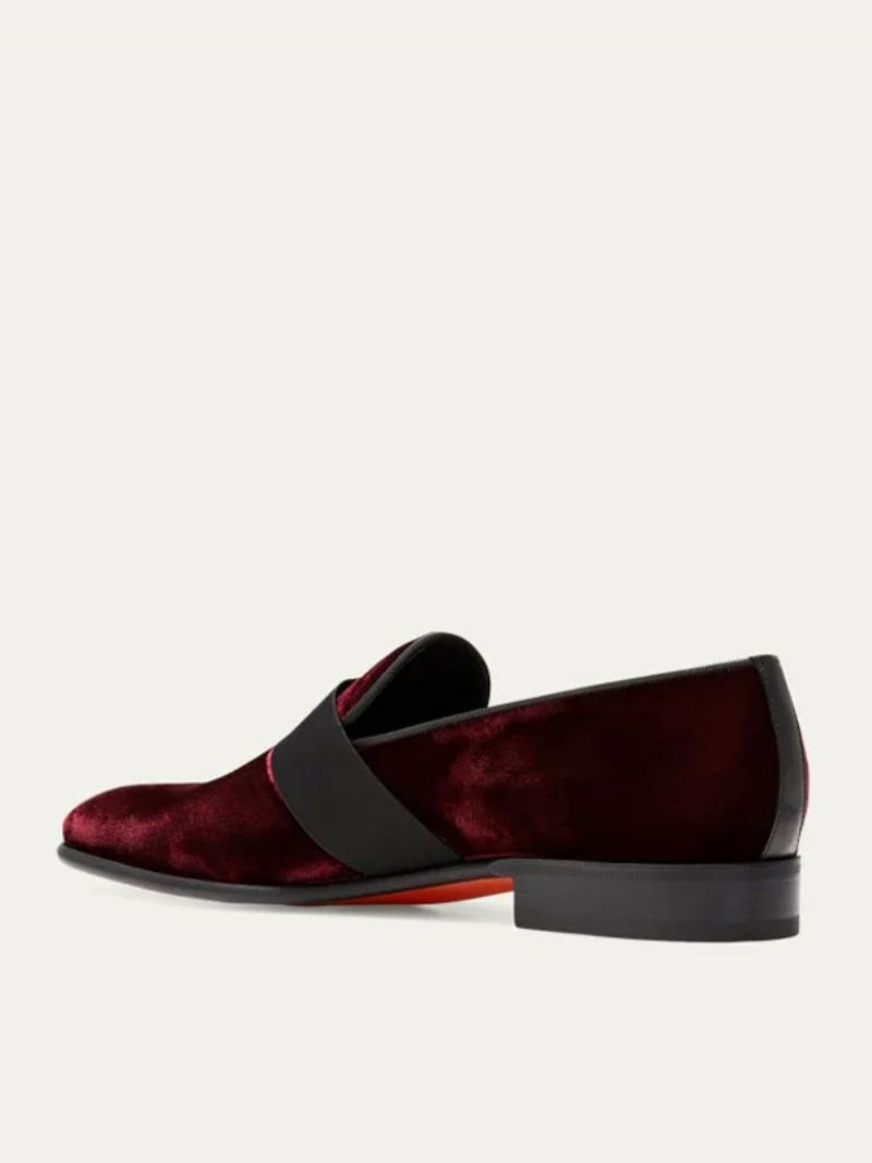 Heren Suède Ronde Neus Slip-on Grosgrain Riem Over Vamp Prom Party Bruiloft Loafers - Bourgondië