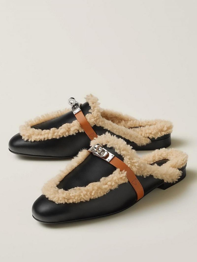 Heren Unisex Effen Teenbont Gemengd Stoffen Leren Wintermuilezelloafers - Zwart