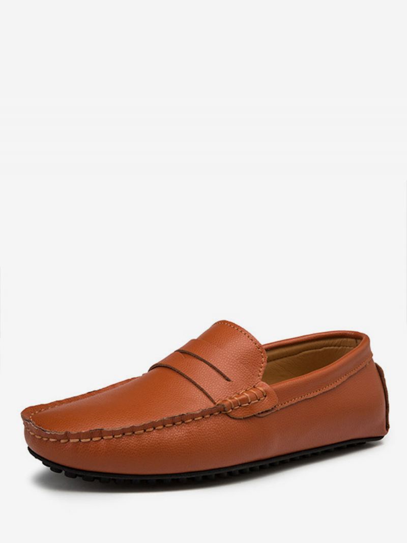 Heren Witte Loafers Met Ronde Neus Slip-on Rijschoenen - Koffiebruin