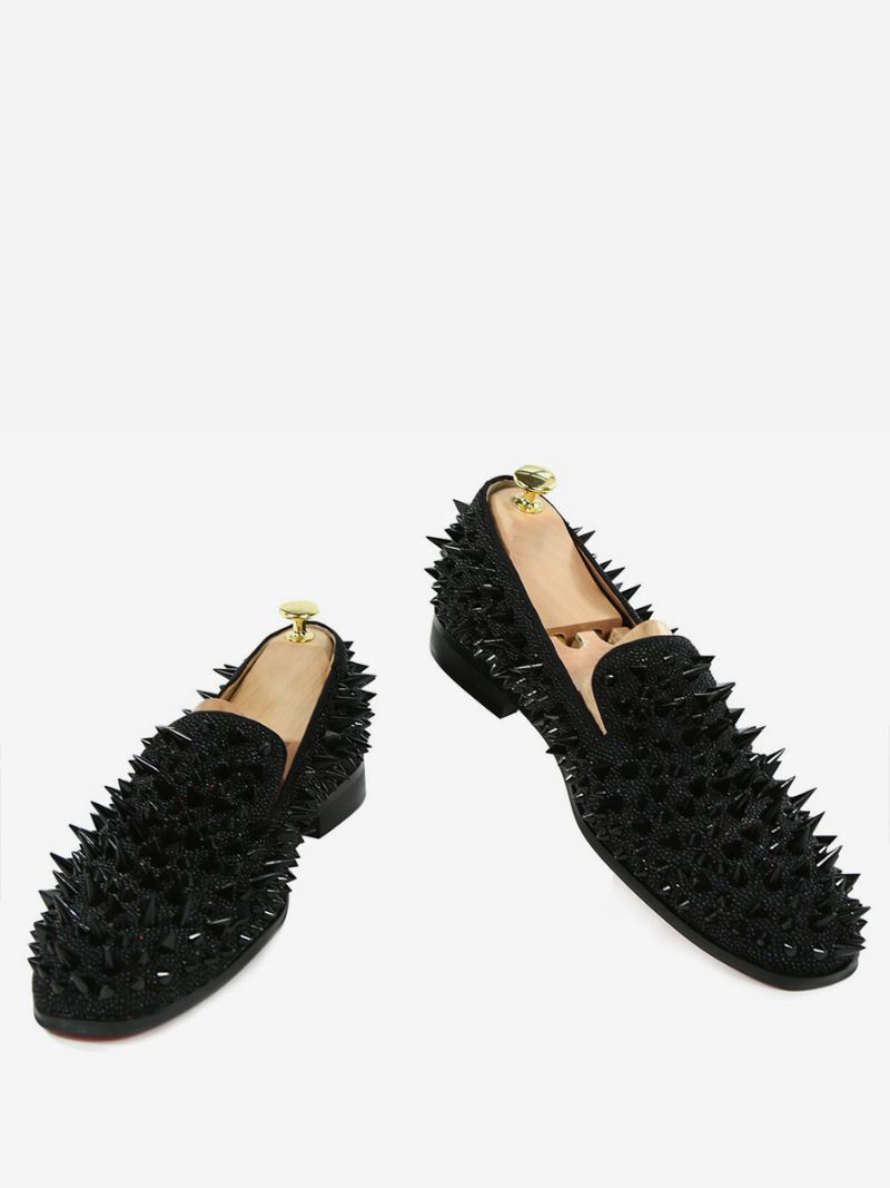 Heren Zwart Glanzende Klinknagels Glitter Handgemaakte Studs Spike Loafers Slip-on Ronde Neus Prom Party Bruiloft Schoenen