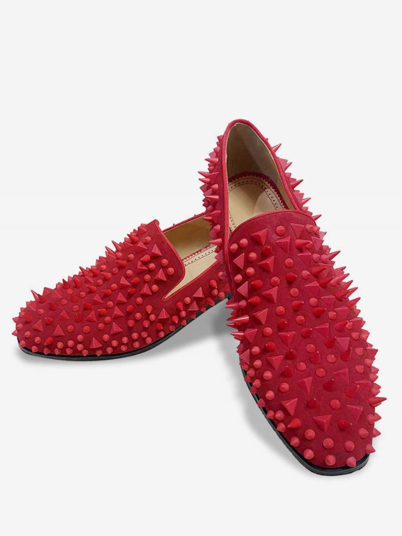 Heren Zwart Glanzende Klinknagels Glitter Handgemaakte Studs Spike Loafers Slip-on Ronde Neus Prom Party Bruiloft Schoenen - Rood