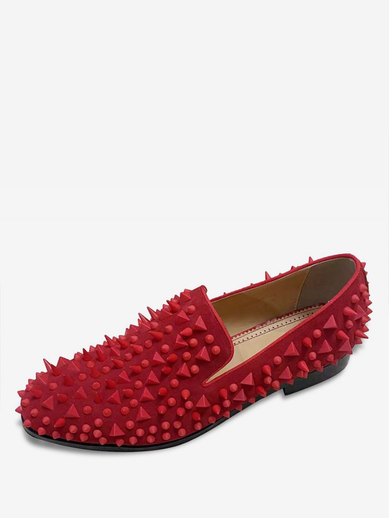 Heren Zwart Glanzende Klinknagels Glitter Handgemaakte Studs Spike Loafers Slip-on Ronde Neus Prom Party Bruiloft Schoenen - Rood