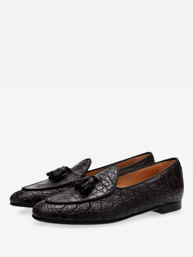 Heren Zwarte Loafers Met Kwastje Steenpatroon Ronde Neus Instapper Prom Trouwjurk Party Trouwschoenen