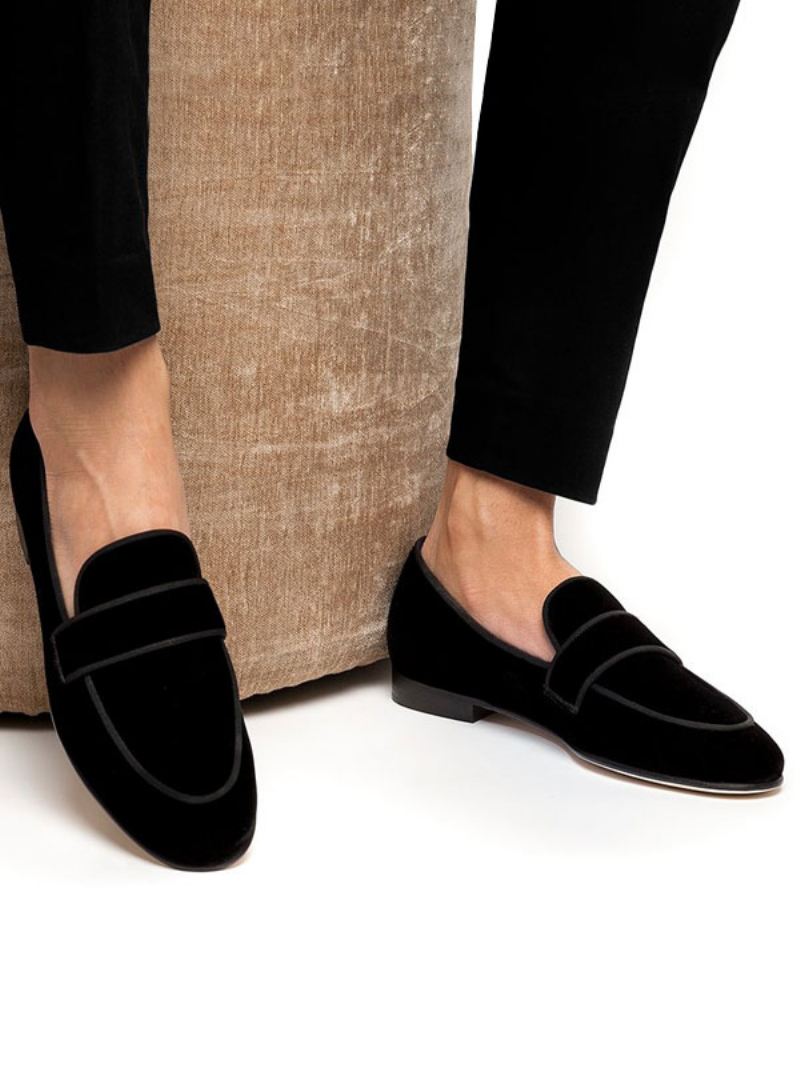 Heren Zwarte Loafers Suède Ronde Neus Slip Op Prom Party Trouwschoenen - Zwart