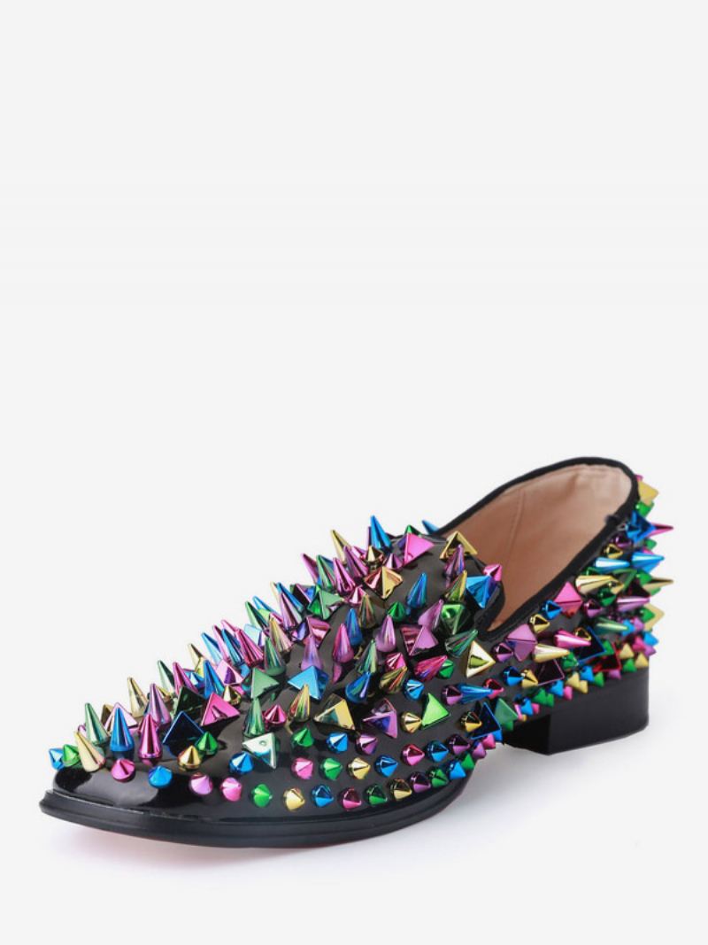 Heren Zwarte Spikes Loafers Ronde Neus Slip Op Prom Party Trouwschoenen