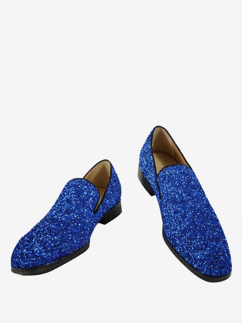 Herenschoenen Met Blauwe Glitter-pailletten Ronde Neus Instappers Galafeestbruiloft