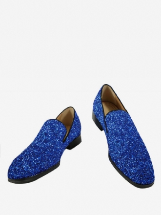 Herenschoenen Met Blauwe Glitter-pailletten Ronde Neus Instappers Galafeestbruiloft