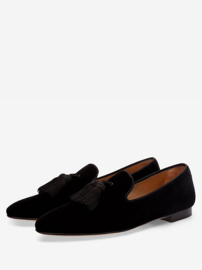 Herenschoenen Mosterd Instapper Met Kwastjes Slipper Loafers Prom Party Trouwschoenen - Zwart