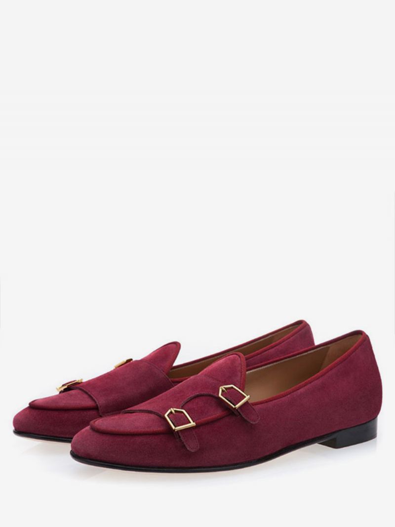 Kaki Suède Herenloafers Met Monniksband Herenjurk Trouwschoenen - Bordeauxrood