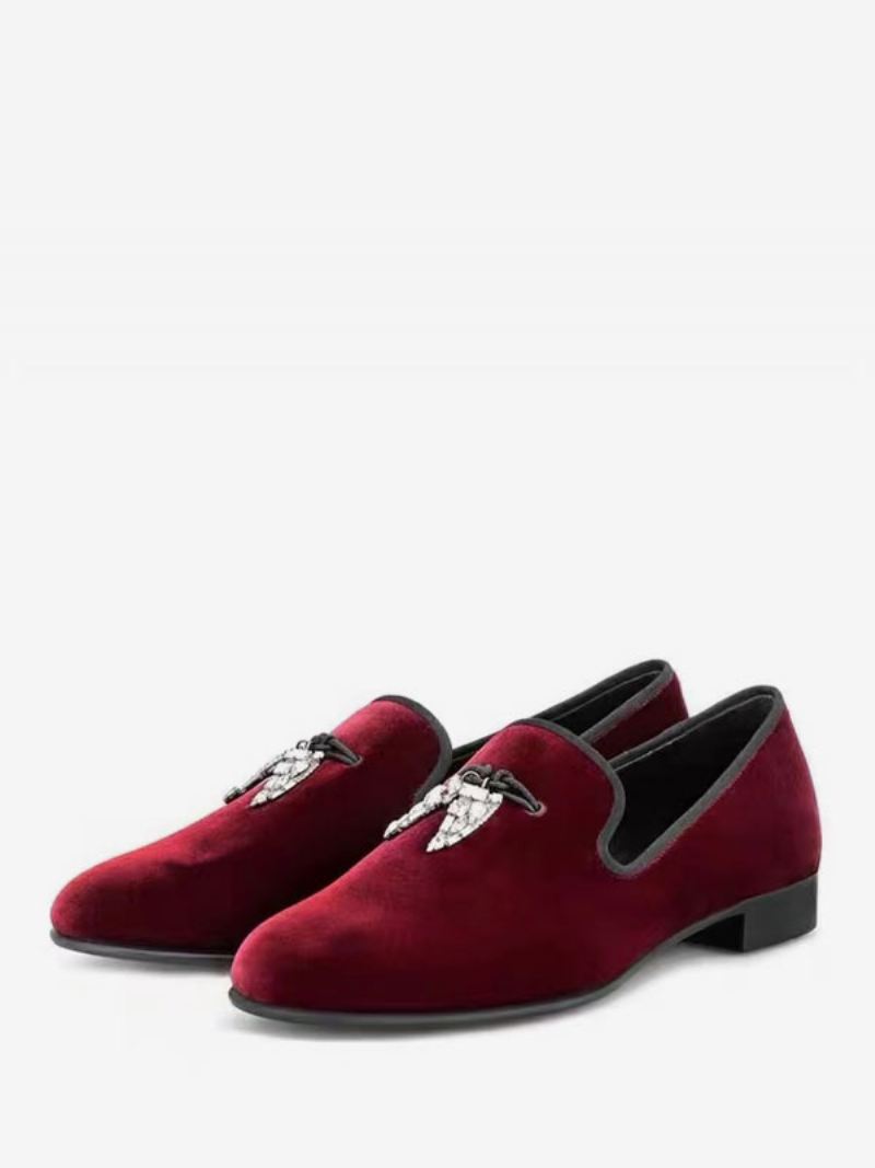 Loafers Heren Zwart Suède Bovenwerk Metaal Met Haaientand Ronde Neus Slip-on-feest-trouwschoenen - Donkerrood