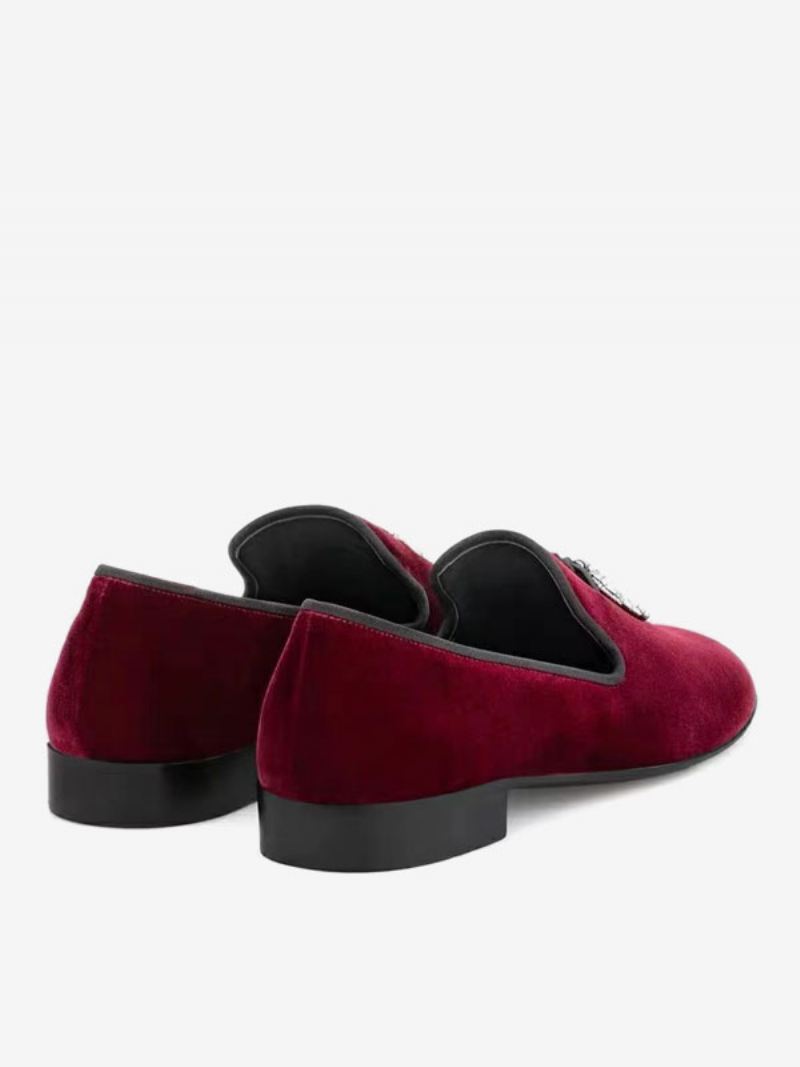 Loafers Heren Zwart Suède Bovenwerk Metaal Met Haaientand Ronde Neus Slip-on-feest-trouwschoenen - Donkerrood