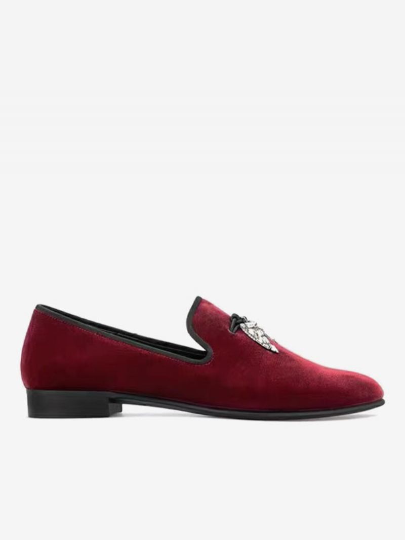 Loafers Heren Zwart Suède Bovenwerk Metaal Met Haaientand Ronde Neus Slip-on-feest-trouwschoenen - Donkerrood