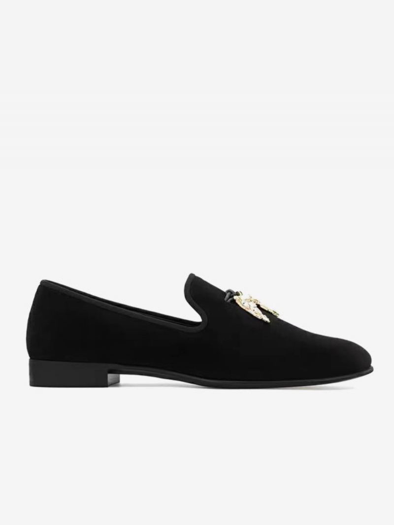 Loafers Heren Zwart Suède Bovenwerk Metaal Met Haaientand Ronde Neus Slip-on-feest-trouwschoenen - Zwart