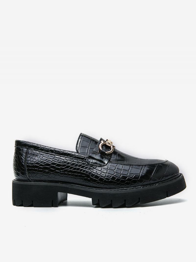 Loaferschoenen Heren Instapper Metalen Details Slangenprint Ronde Neus Pu-leer - Zwart