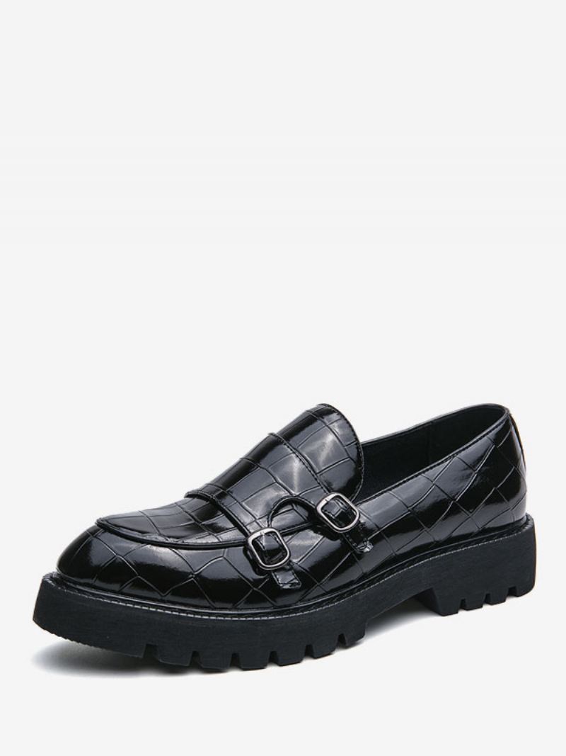 Loaferschoenen Heren Pu-leer Geruite Slip-on Met Monniksband - Zwart