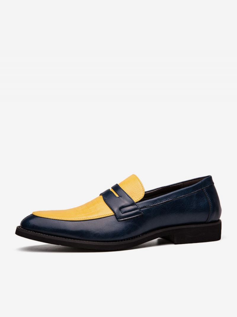 Penny Loafers Heren Blauwe Instappers Met Ronde Neus Bruidegomschoenen - Geel