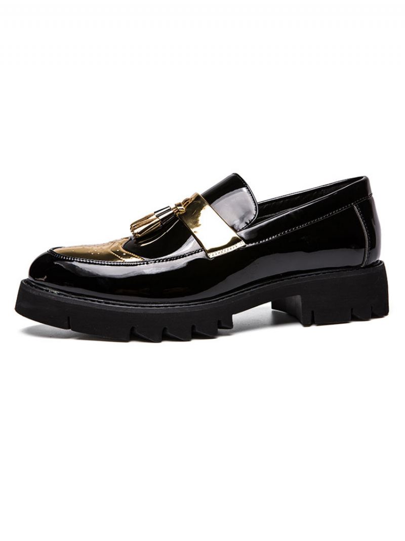 Platformschoenen Met Vleugeltip Kwastje Heren Helder Leren Loafers - Goud