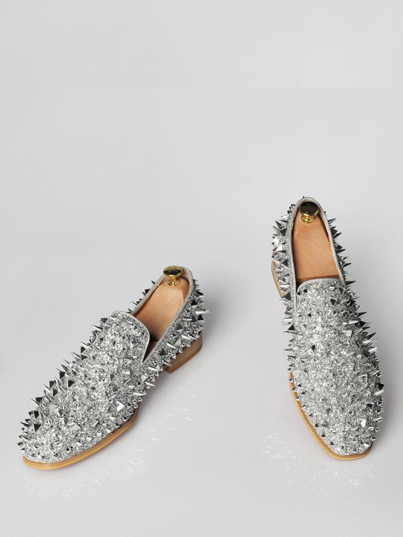 Zilveren Heren Loafers Met Spikes Klinknagels Galafeestbruiloftschoenen