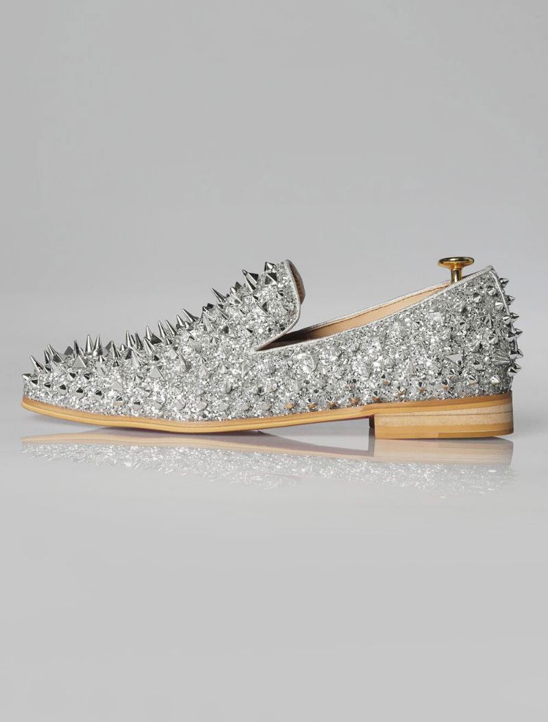 Zilveren Heren Loafers Met Spikes Klinknagels Galafeestbruiloftschoenen - Zilver