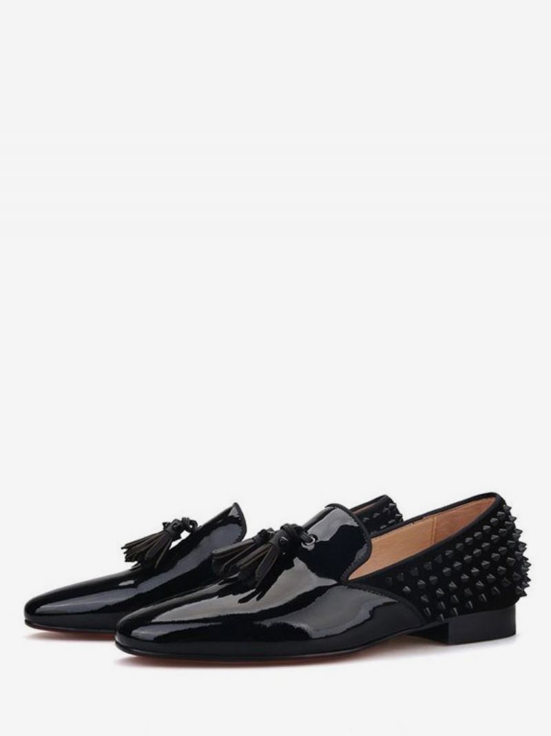 Zwarte Loafers Heren Lakleer Met Kwastjes Spikes Achterkant Trouwschoenen Galafeesten