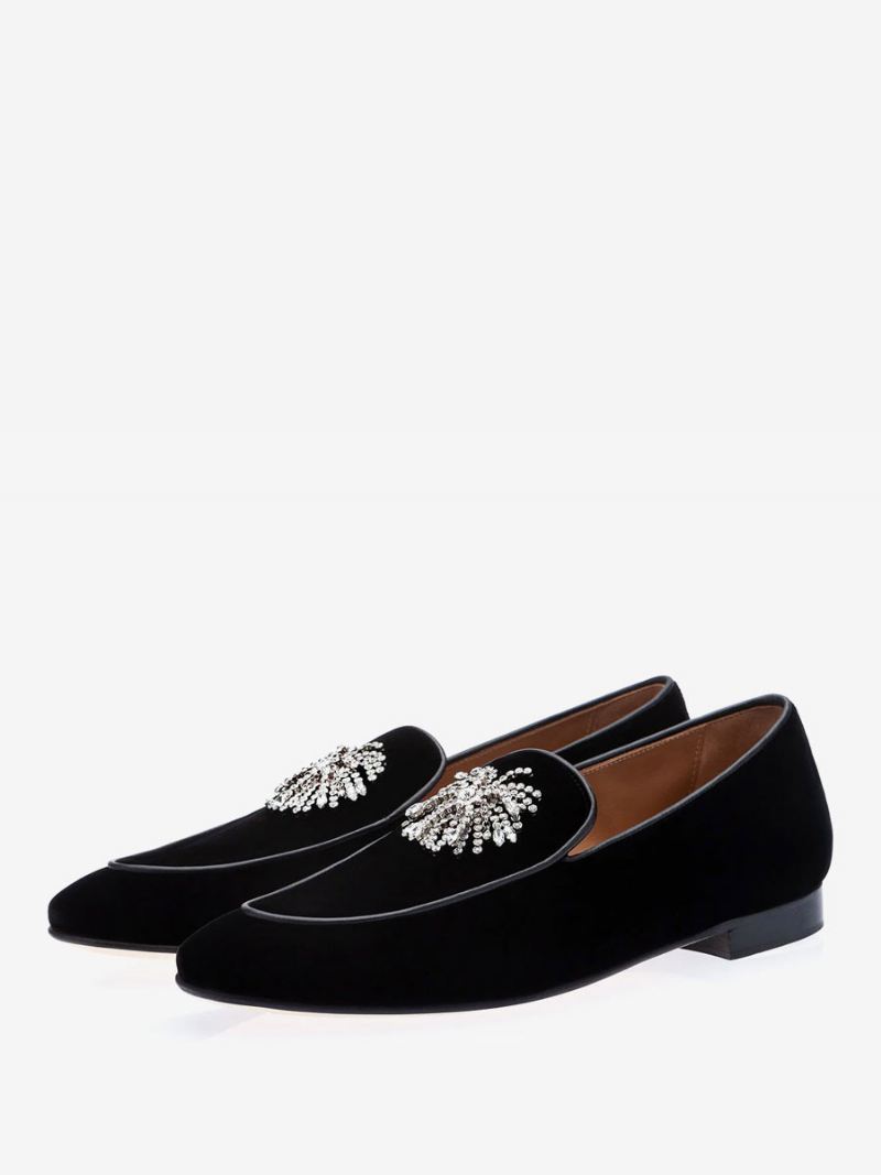 Zwarte Suède Loafers Met Ronde Neus Glamoureuze Strass-bruidsfeestschoenen Heren