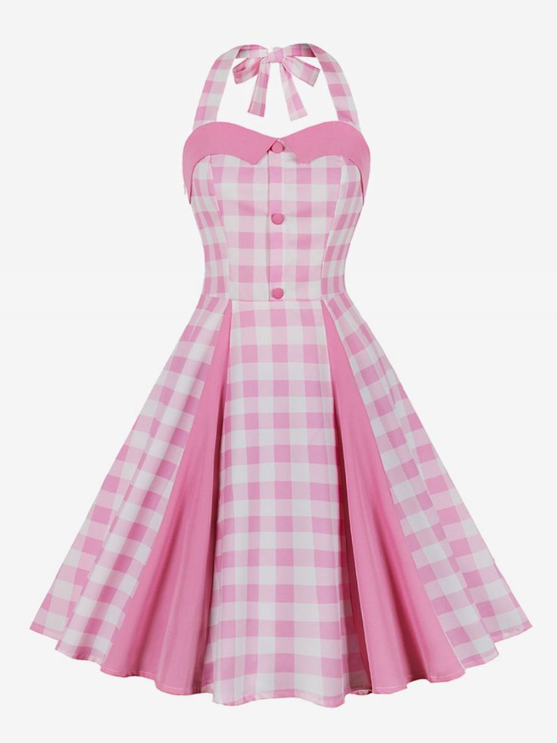 Dames Barbie Pink Gingham Vintage Jurk Jaren 1950 Midi Halter