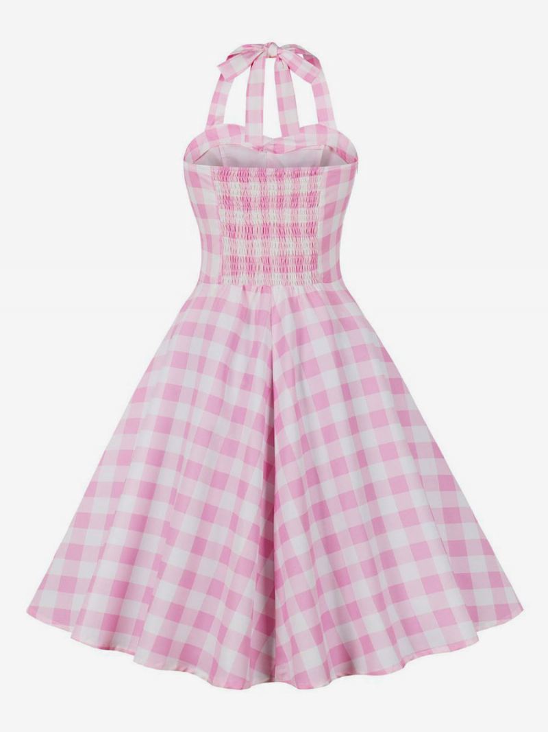 Dames Barbie Pink Gingham Vintage Jurk Jaren 1950 Midi Halter - Roze