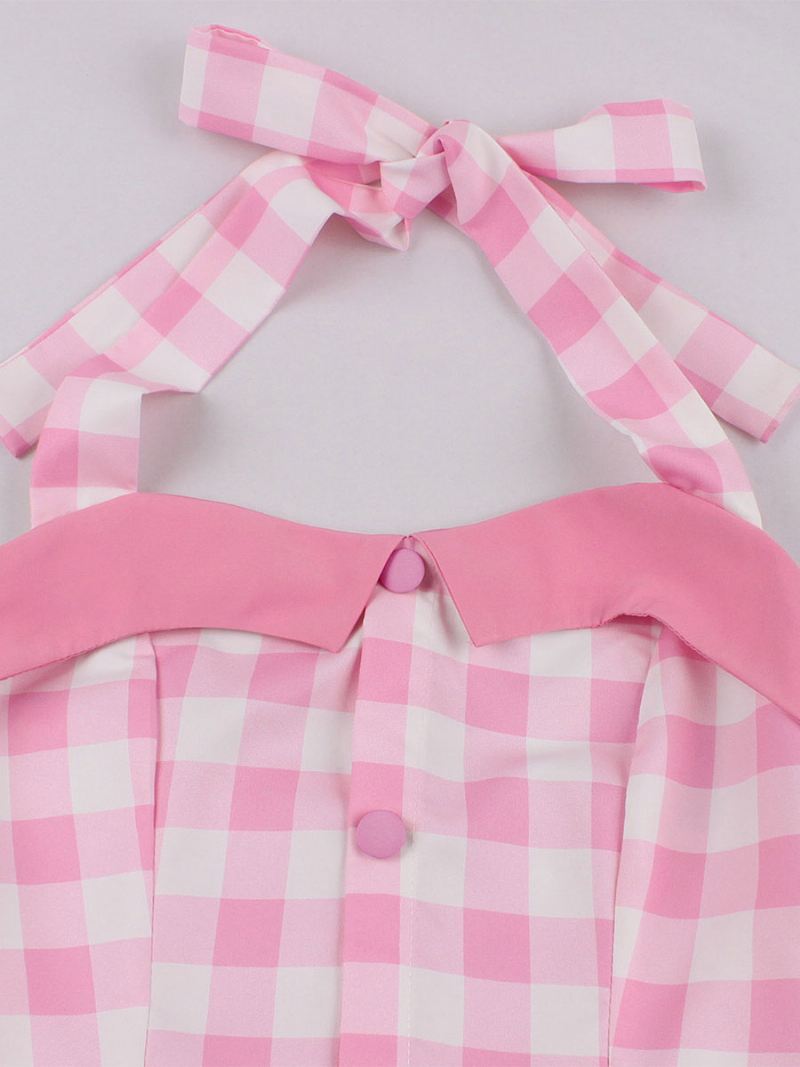 Dames Barbie Pink Gingham Vintage Jurk Jaren 1950 Midi Halter - Roze