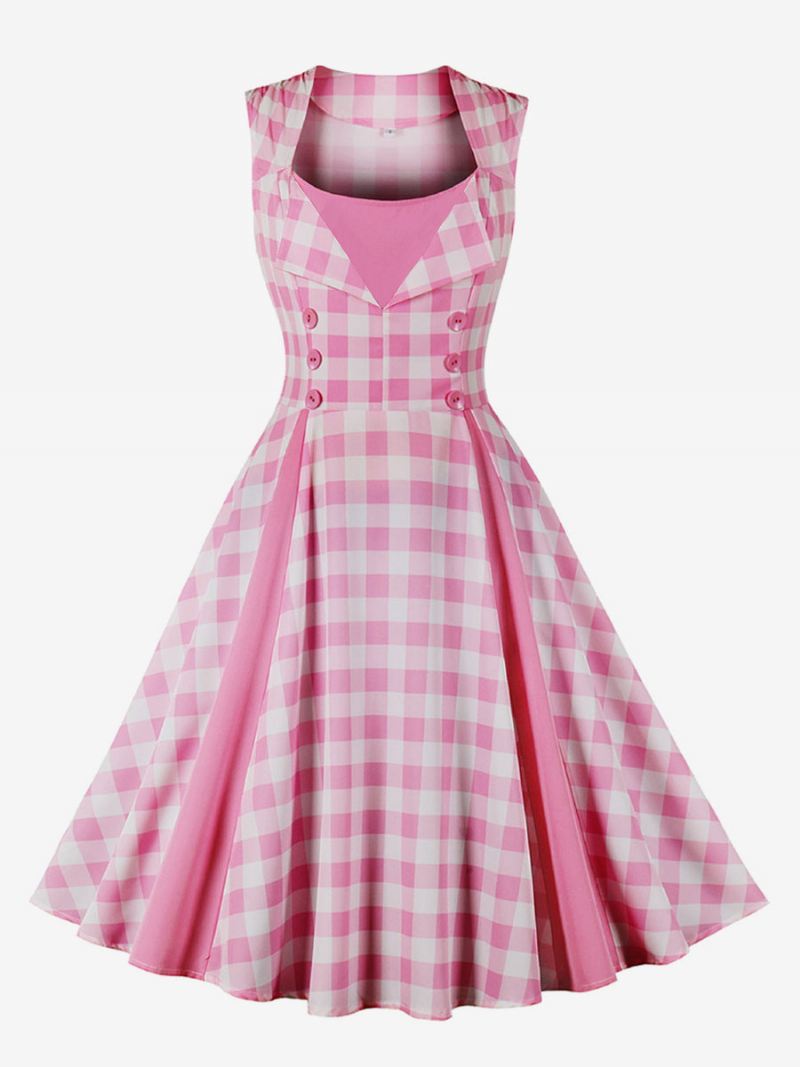 Dames Barbie Roze Gingham Vintage Jurk Jaren 1950 Audrey Hepburn Swing