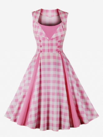 Dames Barbie Roze Gingham Vintage Jurk Jaren 1950 Audrey Hepburn Swing