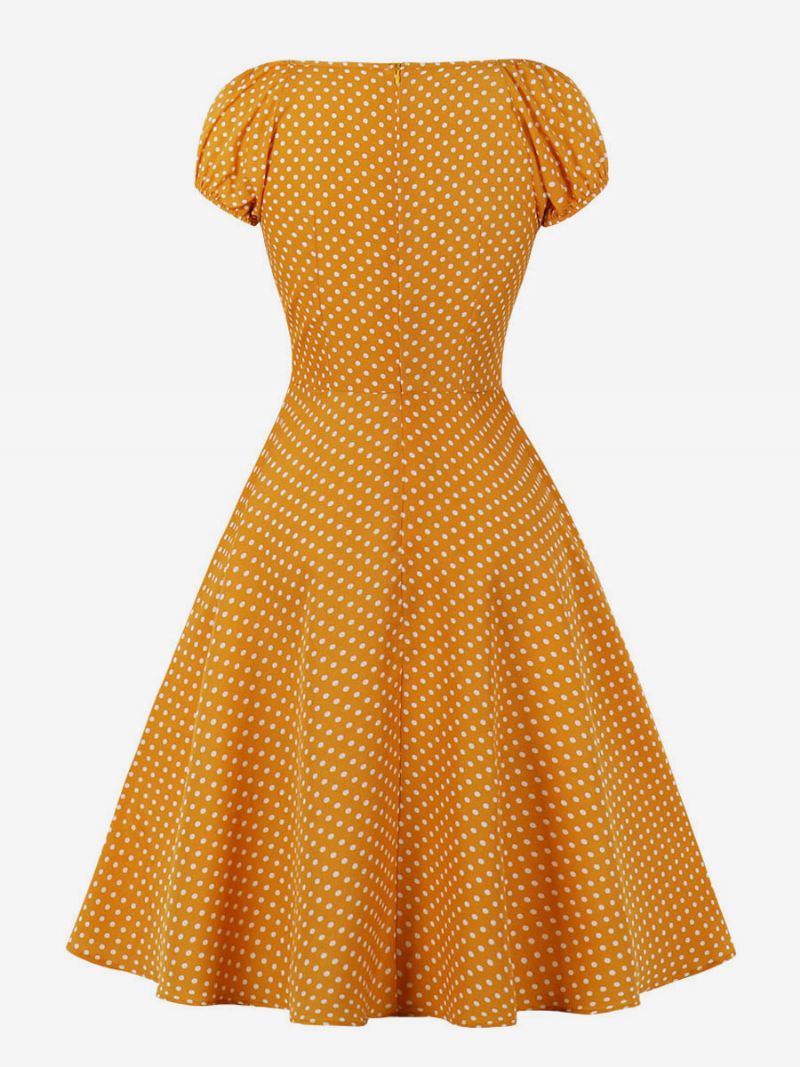 Dames Jaren 1950 Audrey Hepburn Stijl Retro Jurk V-hals Geknoopt Korte Mouwen Polka Dot Midi Swing - Oranje