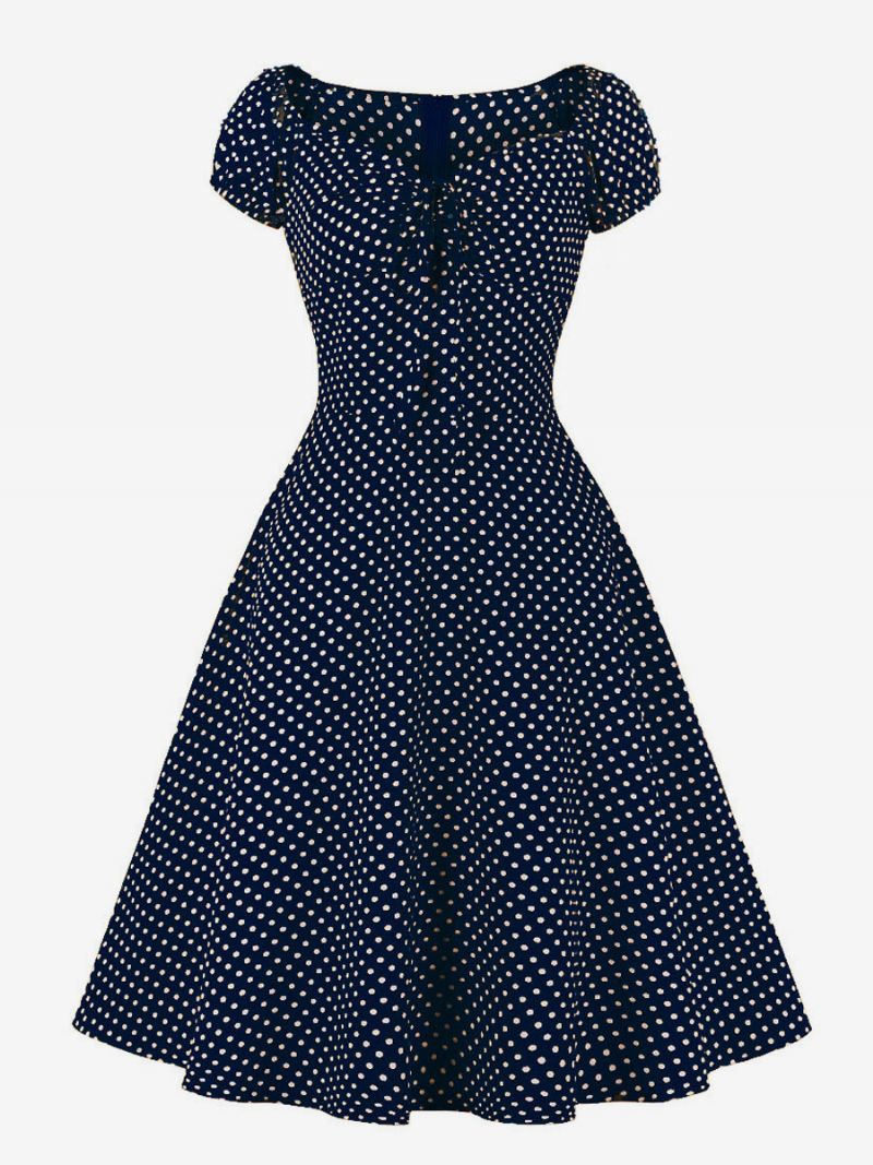 Dames Jaren 1950 Audrey Hepburn Stijl Retro Jurk V-hals Geknoopt Korte Mouwen Polka Dot Midi Swing - Diepblauw