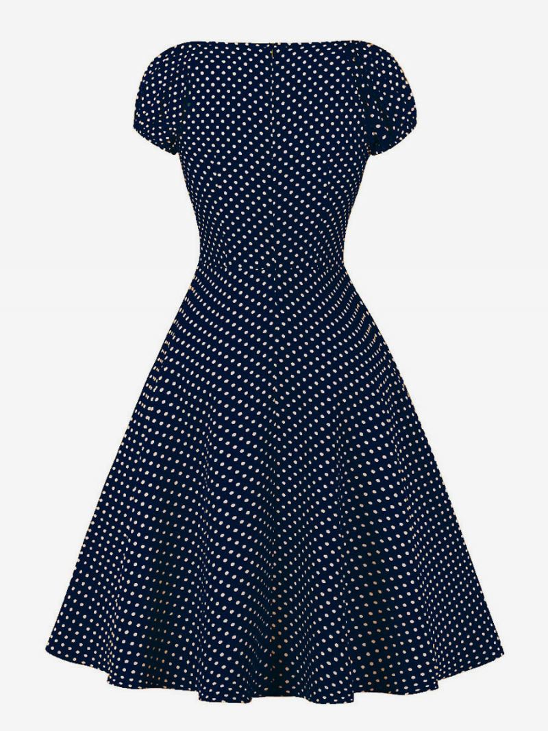 Dames Jaren 1950 Audrey Hepburn Stijl Retro Jurk V-hals Geknoopt Korte Mouwen Polka Dot Midi Swing - Diepblauw