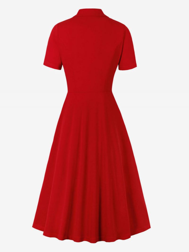 Dames Jaren 1950 Audrey Hepburn Stijl Retro Jurk V-hals Knopen Gelaagde Korte Mouwen Lange Rockabilly - Rood