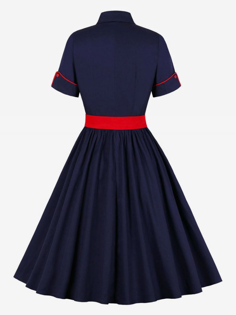 Dames Jaren 1950 Audrey Hepburn Stijl Vintage Jurk Kraag Knopen Korte Mouwen Tweekleurige Rockabilly - Diepblauw