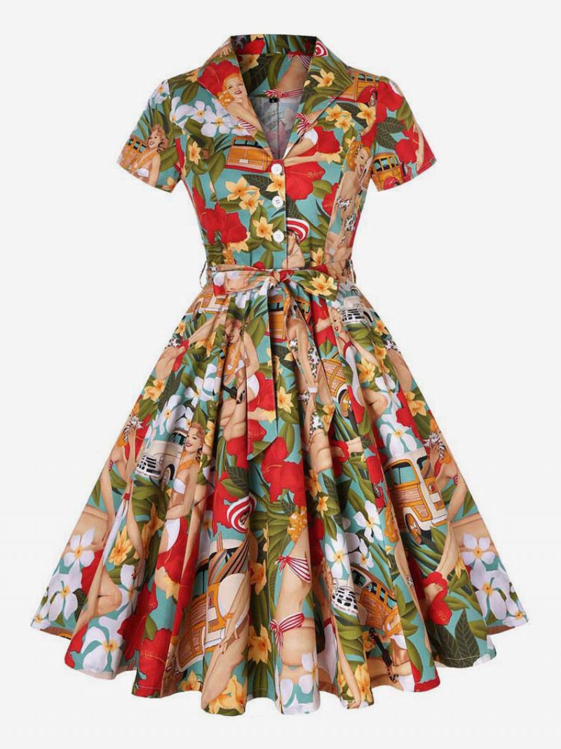 Dames Jaren 1950 Audrey Hepburn Stijl Vintage Jurk V-hals Korte Mouwen Knielengte Bloemenprint Rockabilly - Rood