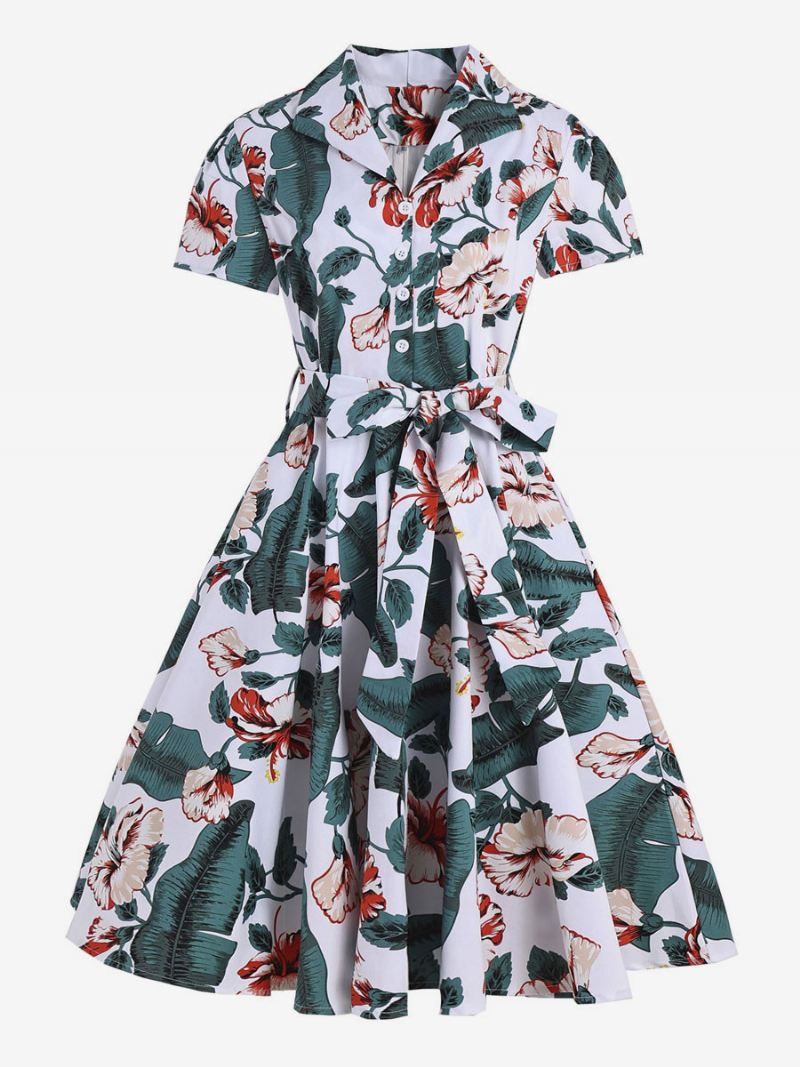 Dames Jaren 1950 Audrey Hepburn Stijl Vintage Jurk V-hals Korte Mouwen Knielengte Bloemenprint Rockabilly - Pastelgroen