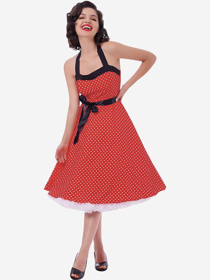 Dames Polkadot Vintage Jurken Halter Strikken Rugloze Katoenen Retro Pin-up Jurk