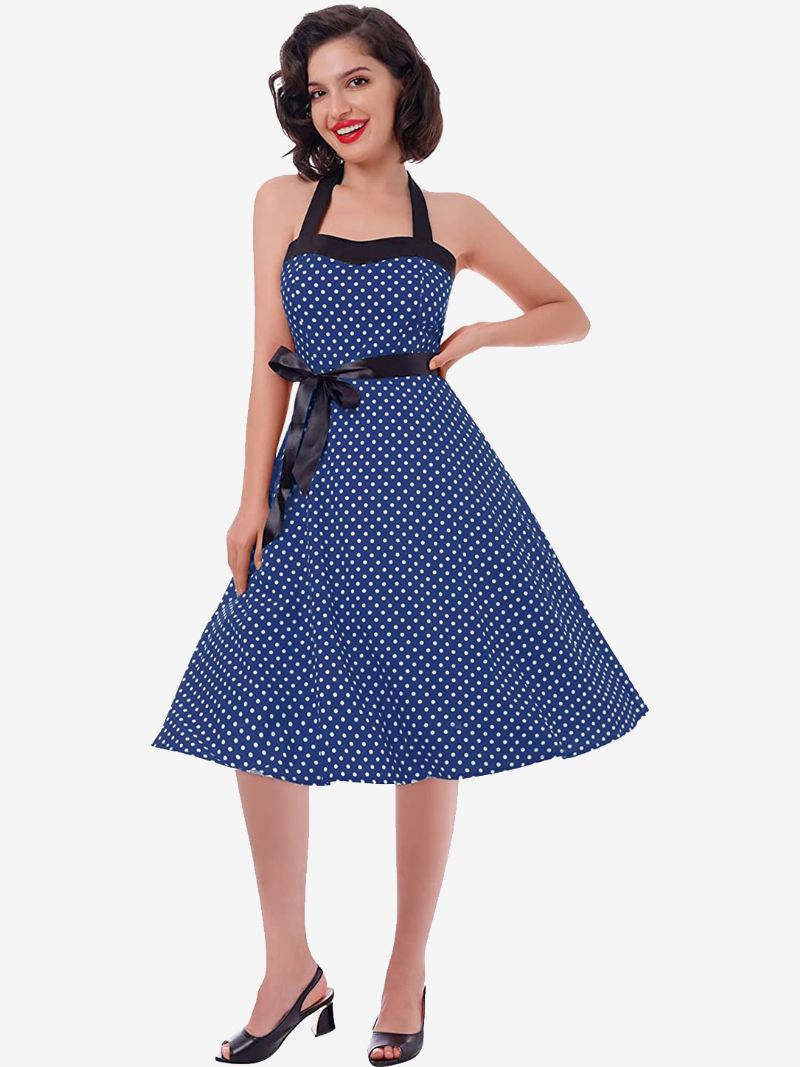 Dames Polkadot Vintage Jurken Halter Strikken Rugloze Katoenen Retro Pin-up Jurk - Donker Marineblauw