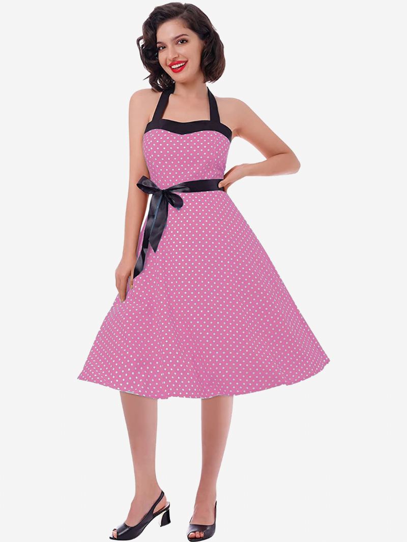 Dames Polkadot Vintage Jurken Halter Strikken Rugloze Katoenen Retro Pin-up Jurk - Roze