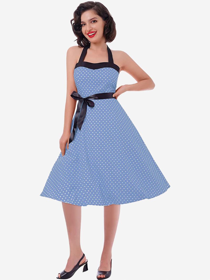 Dames Polkadot Vintage Jurken Halter Strikken Rugloze Katoenen Retro Pin-up Jurk - Licht Hemelsblauw