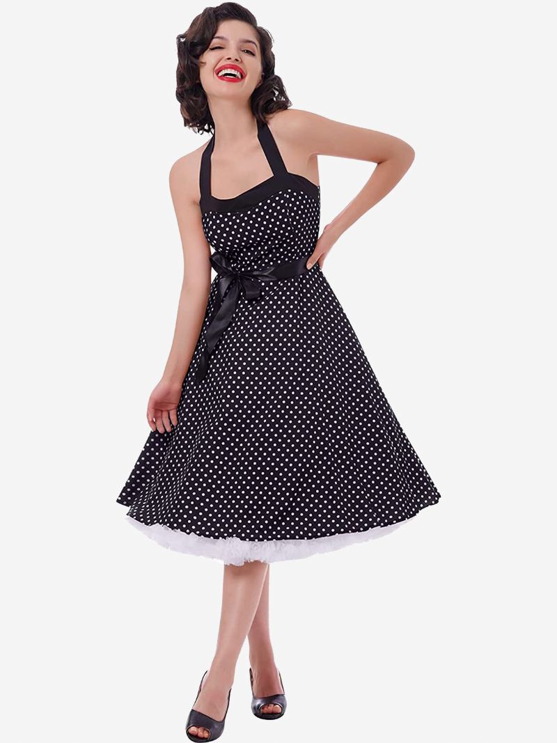 Dames Polkadot Vintage Jurken Halter Strikken Rugloze Katoenen Retro Pin-up Jurk - Zwart