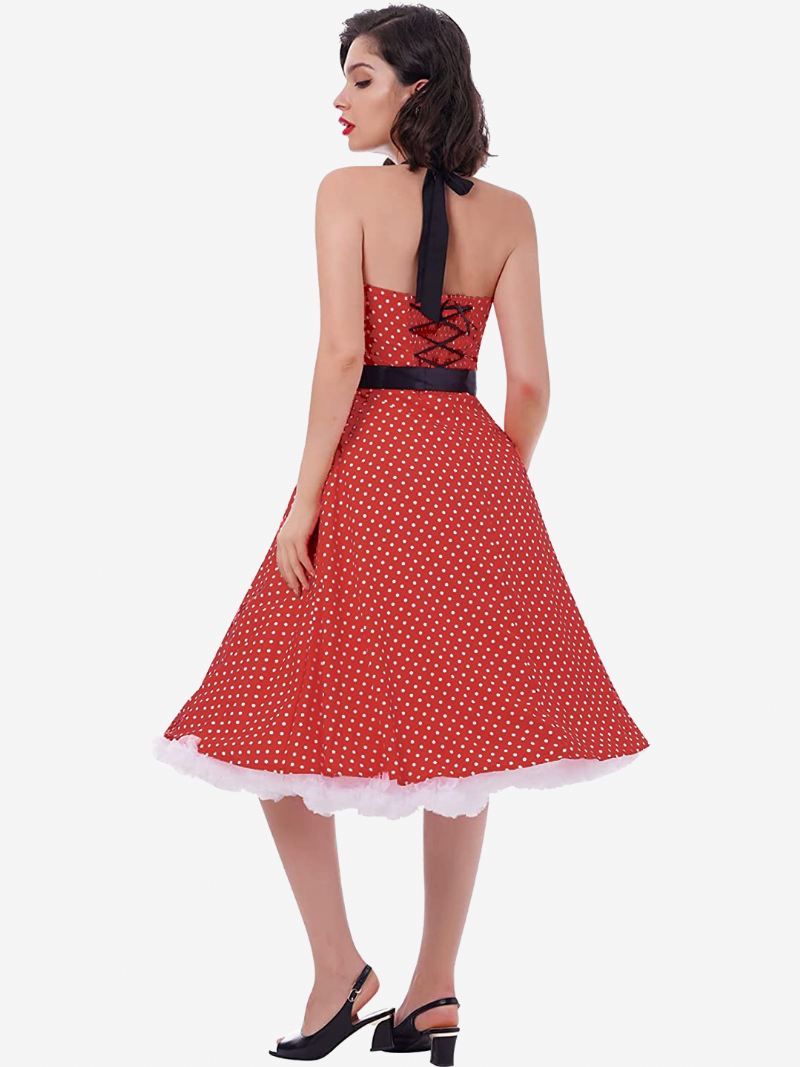 Dames Polkadot Vintage Jurken Halter Strikken Rugloze Katoenen Retro Pin-up Jurk - Bordeauxrood