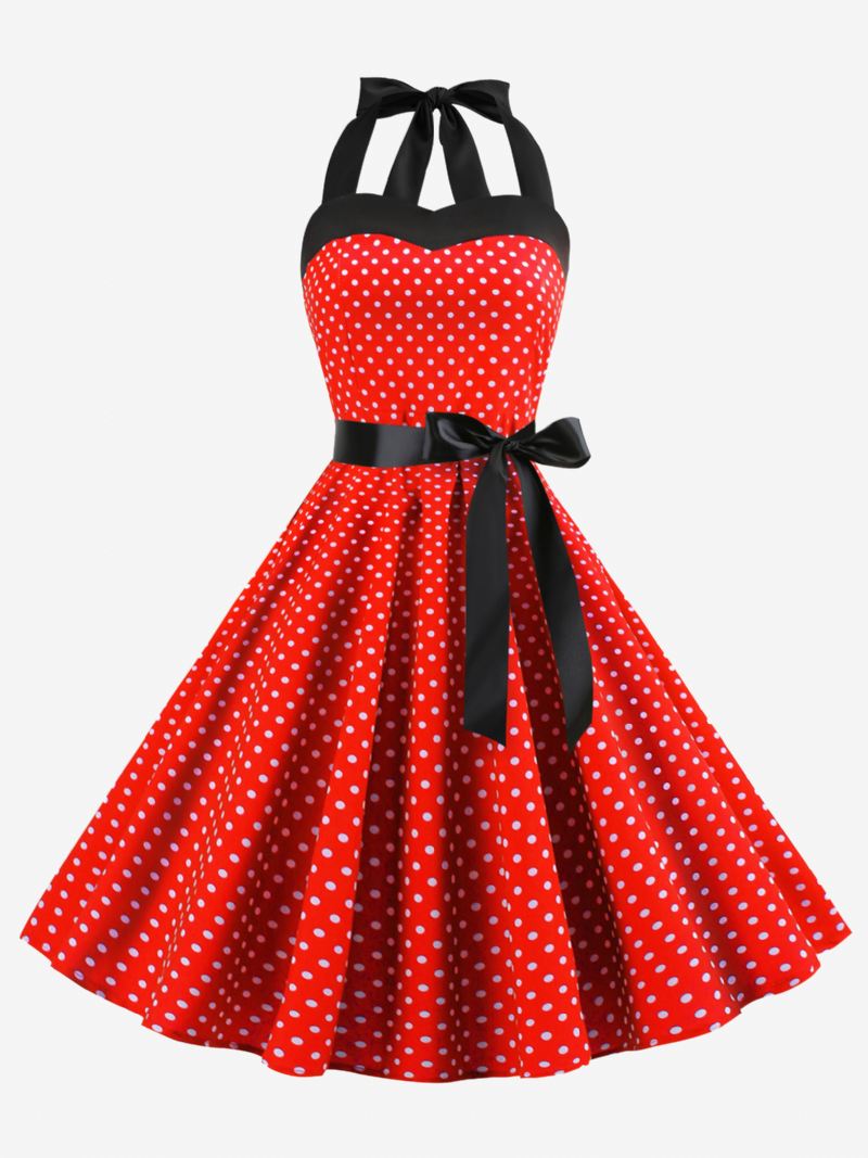 Dames Polkadot Vintage Jurken Halter Strikken Rugloze Katoenen Retro Pin-up Jurk - Bordeauxrood