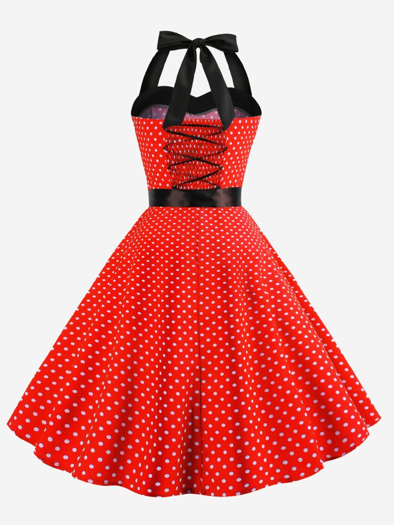 Dames Polkadot Vintage Jurken Halter Strikken Rugloze Katoenen Retro Pin-up Jurk - Bordeauxrood