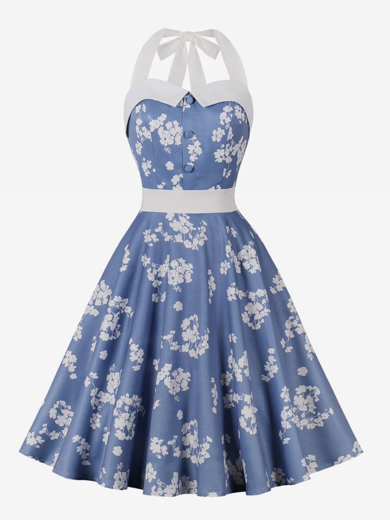 Dames Retro-jurk Babyblauw Bloemenprint Jaren 50 Audrey Hepburn-stijl Mouwloos Halter Rockabilly Jurk